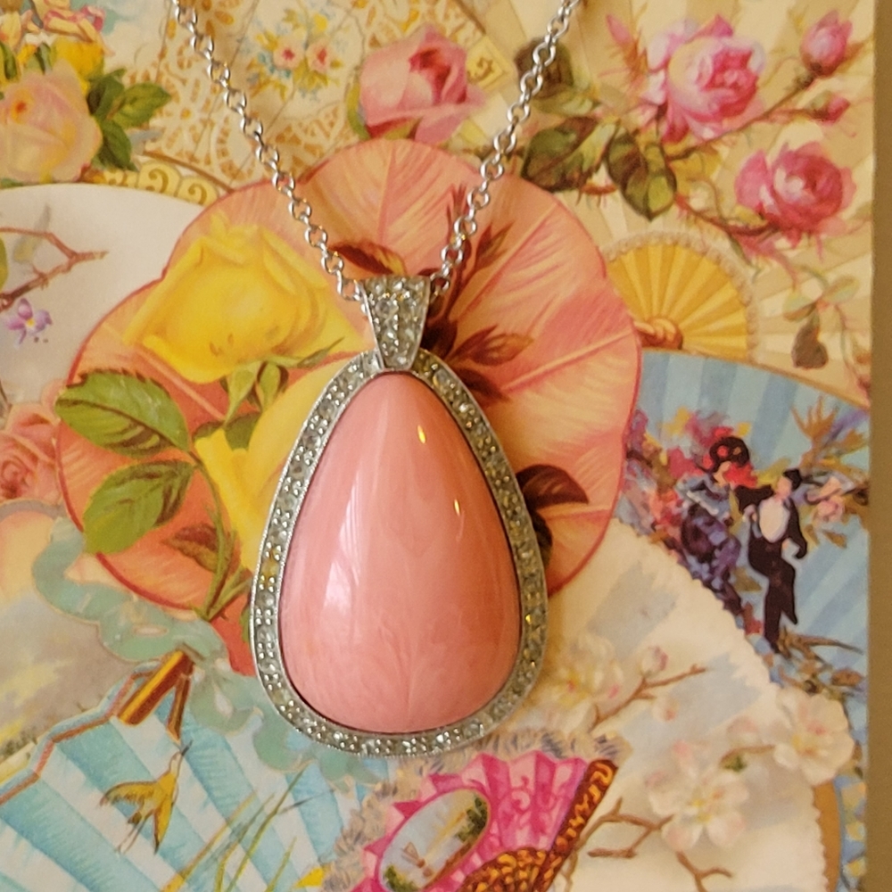 Vintage Avon Pink & Rhinestone Pendant w/Silver tone chain ~ Pretty!